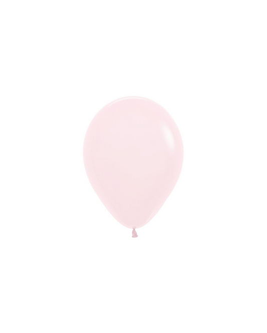 A soft pastel pink balloon floats against a white background, showcasing its smooth, shiny surface and subtle curves.