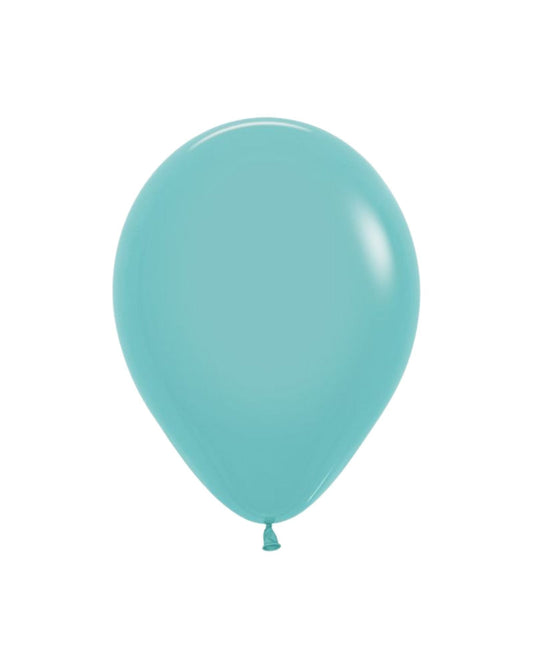 A glossy, aquamarine balloon with a rounded shape and a tied end, set against a plain white background.