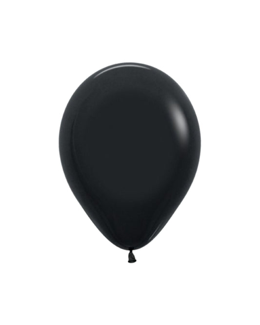 A glossy black balloon with a tapered end, set against a plain white background.