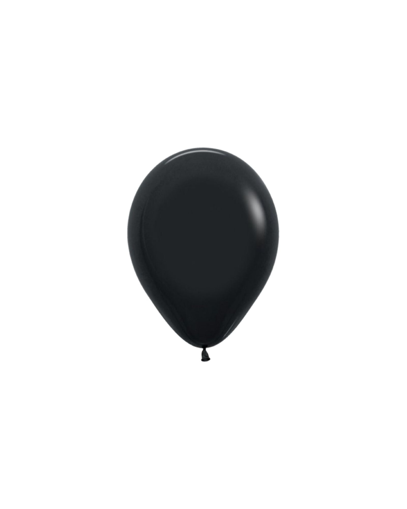 A shiny black balloon with a rounded shape, featuring a small tied end, set against a white background.