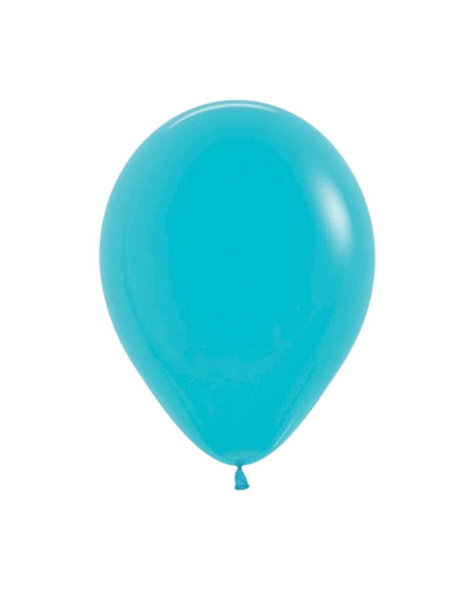 Bright Caribbean blue balloon with a smooth, glossy surface, hanging from a tied end against a white background.