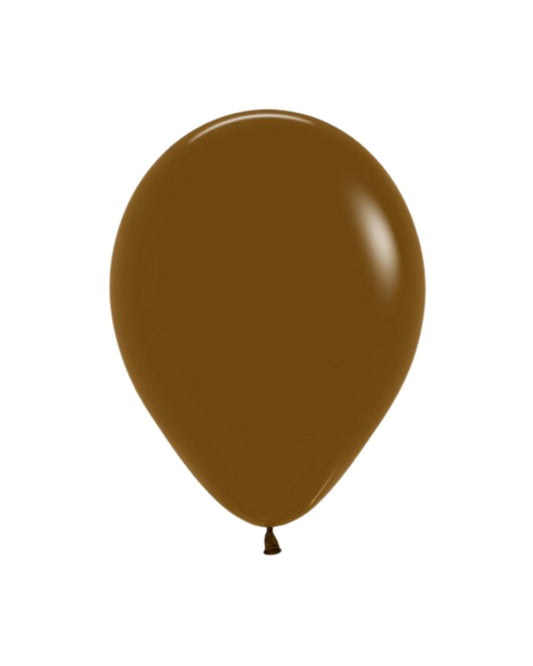 A glossy brown balloon with a rounded shape, featuring a tied end, against a plain background.