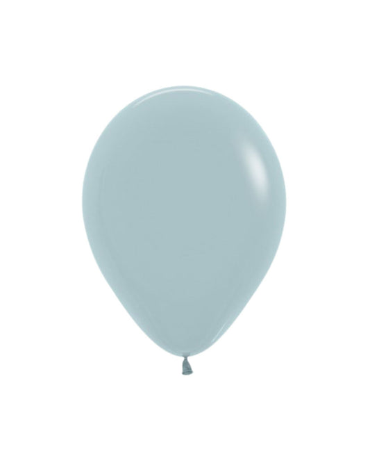 A smooth, pastel grey balloon with a rounded shape, floating against a white background.