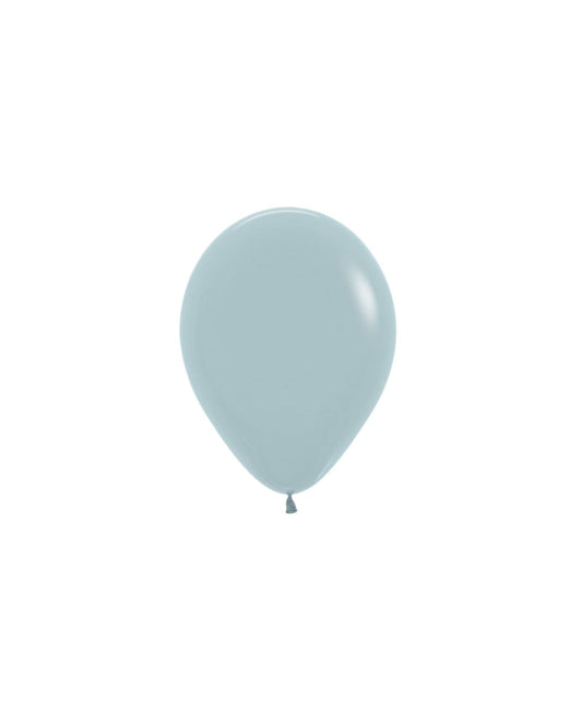 A smooth, pastel blue balloon floats against a clean white background, featuring a small tied end.