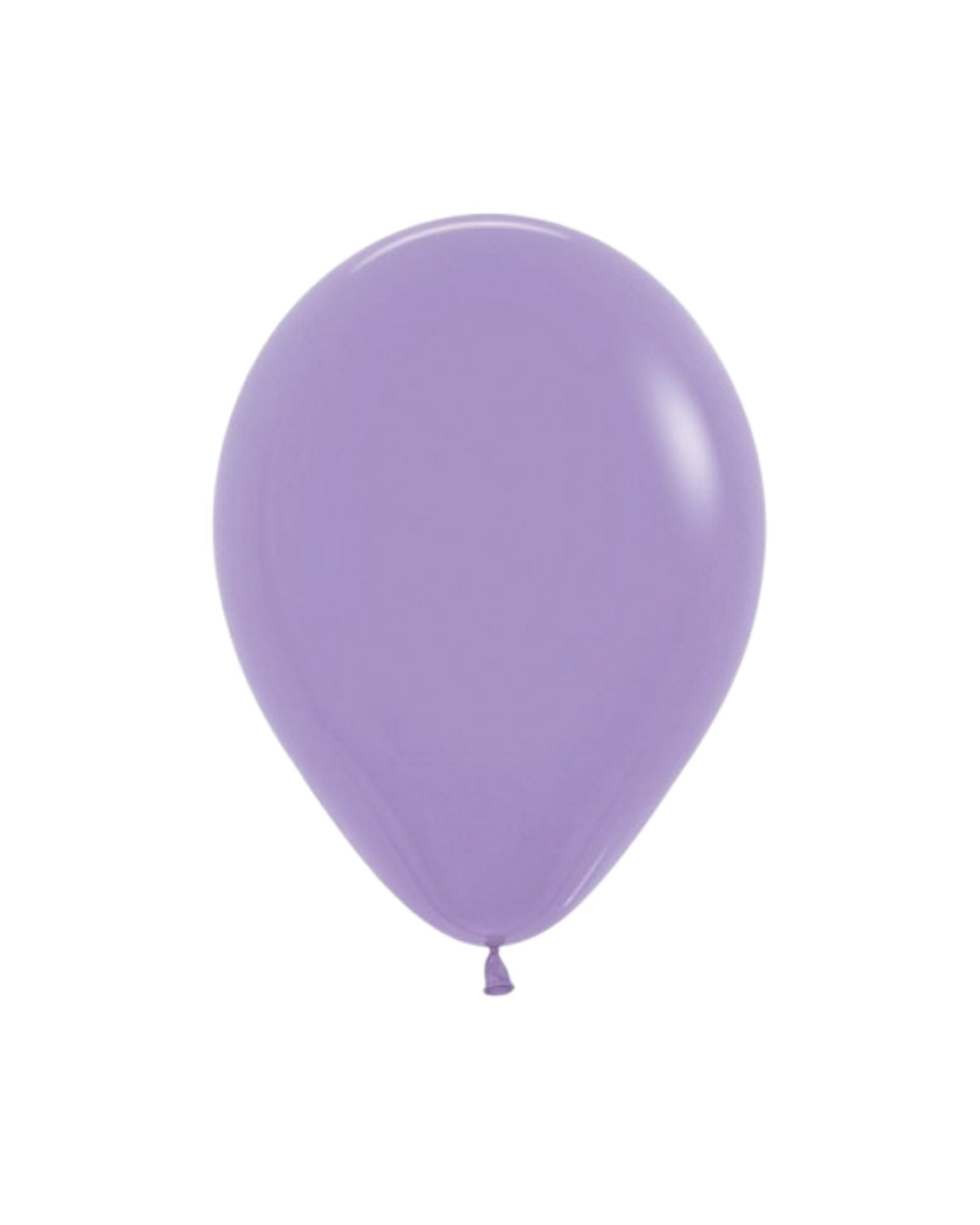 A shiny lilac balloon with a tapered end, floating against a plain white background.