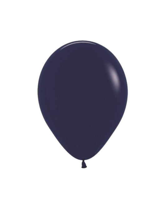 A glossy navy blue balloon with a rounded shape, featuring a small tie at the bottom against a plain background.