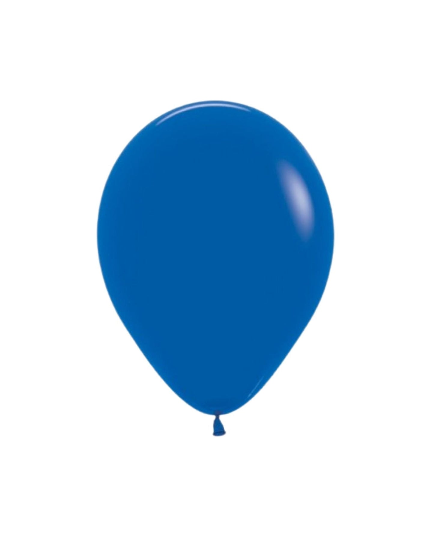 A glossy, royal blue balloon with a rounded shape and a small knot at the bottom, set against a white background.