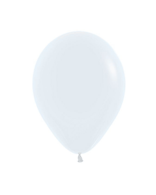 A single, glossy white balloon with a rounded shape, gently tapering at the bottom.