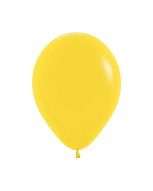 Bright yellow balloon with a smooth surface, hanging downwards, showcasing a vibrant color against a light background.