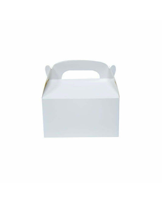 A white box with a handle, featuring a simple and clean design, perfect for gifts or treats.