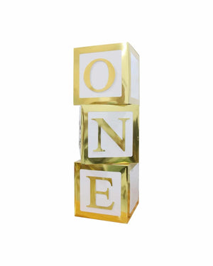 
            
                Load image into Gallery viewer, Transparent &amp;#39;ONE&amp;#39; Gold Balloon Boxes (3 Pack) - A Little Whimsy
            
        