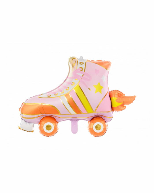 Colorful inflatable roller skate with vibrant stars and stripes, featuring orange wheels and a playful design.