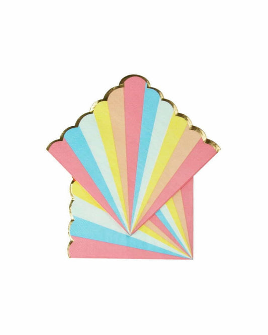 Colorful fan shape with scalloped edges in pink, blue, yellow, and gold accents, radiating vibrant hues.