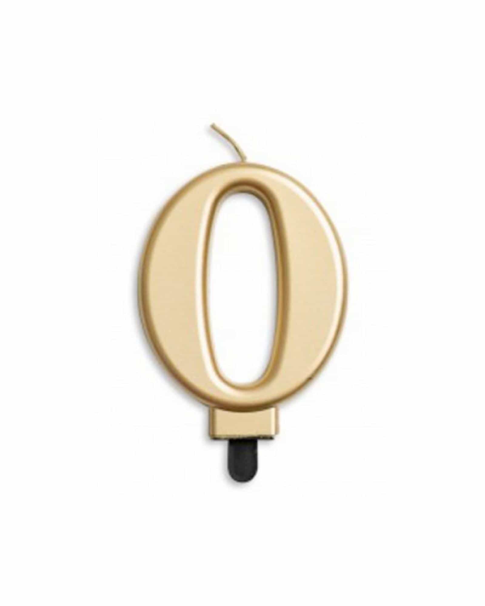 Golden numeral "0" candle with a thin wick, set against a plain white background, ideal for celebrations.