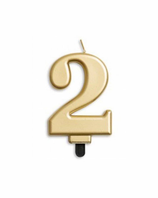 Gold numeral "2" with a glossy finish, featuring a curved design and a small black base for support.