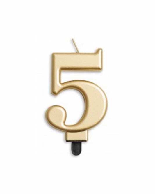 Gold number five candle with a whimsical swirl design, set against a plain white background.