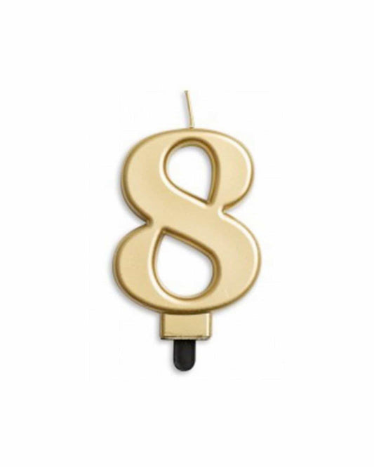 Golden numeral "8" with a glossy finish, featuring a black base for stability.