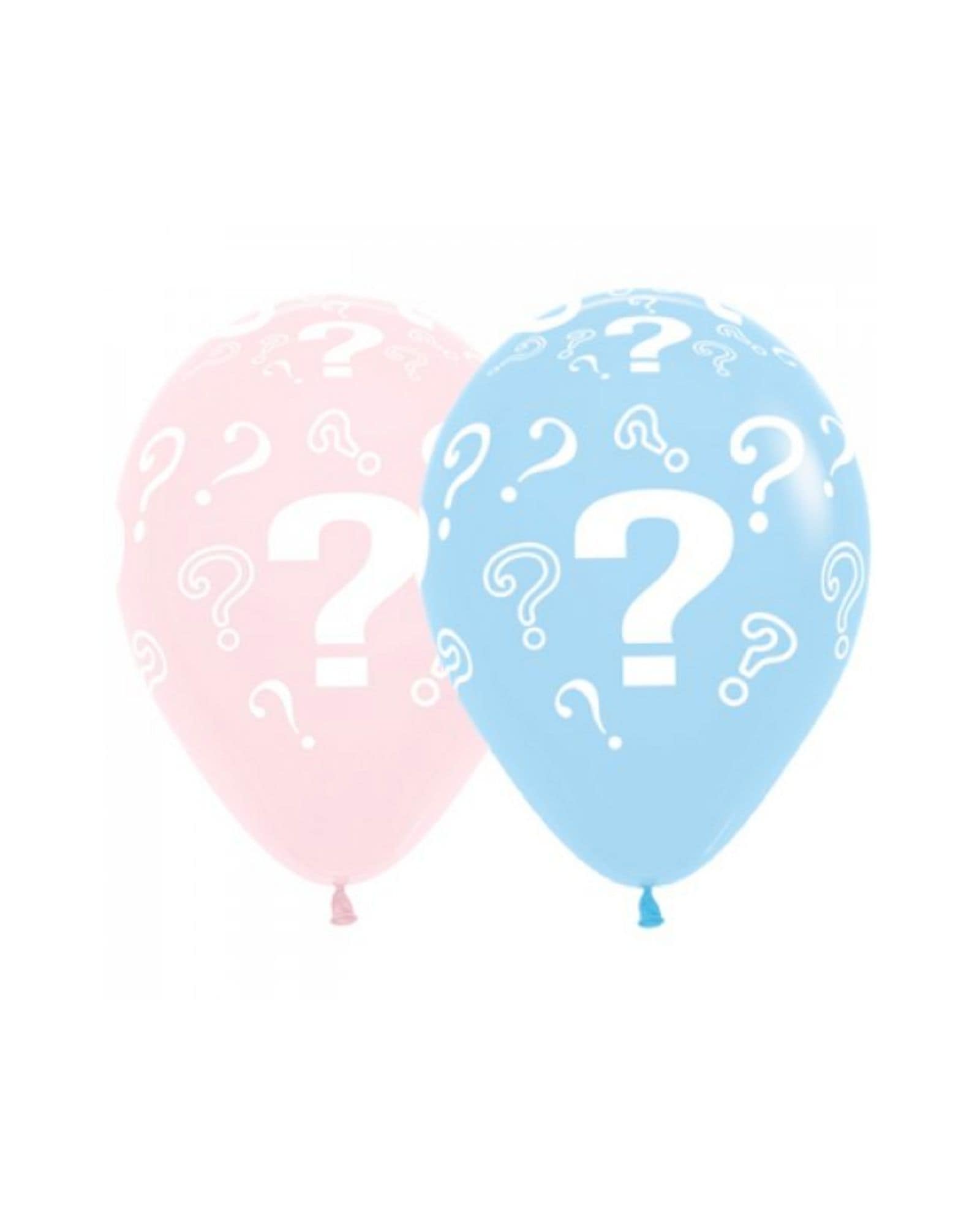 Two balloons, one pink and one blue, each adorned with large white question marks.