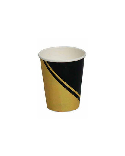 Black and gold cup with a sleek curved stripe, perfect for beverages at events or casual gatherings.