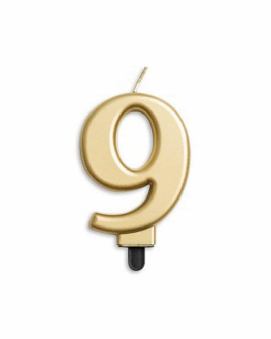 Gold number nine candle with a sleek design, featuring a black base for easy placement. Perfect for celebrations.