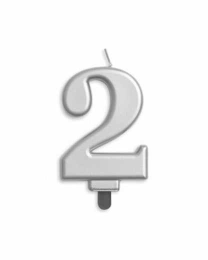 Shiny silver numeral "2" candle with a smooth finish and a wick at the top, set against a plain background.