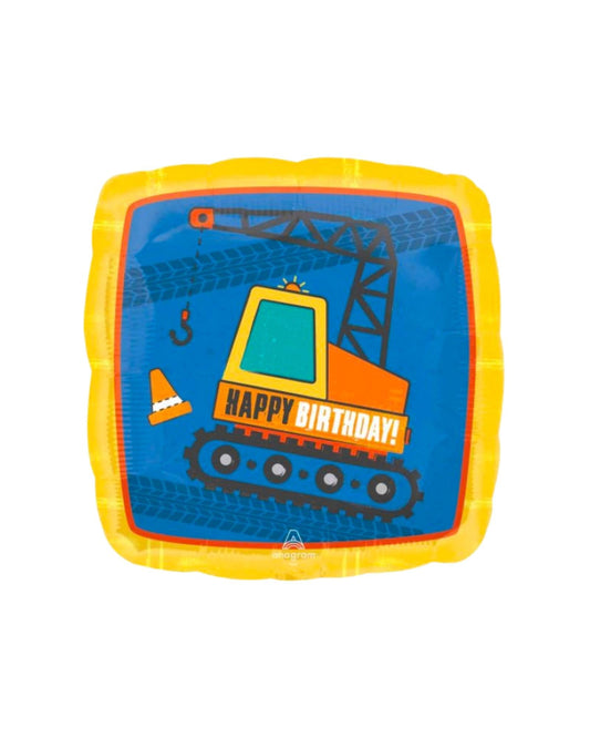 Birthday-themed decoration featuring a colorful construction vehicle and playful text on a vibrant blue background.