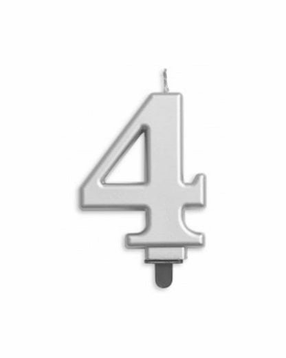 Silver numeral '4' with a glossy finish, designed for celebrations and events, featuring a small attachment for easy use.