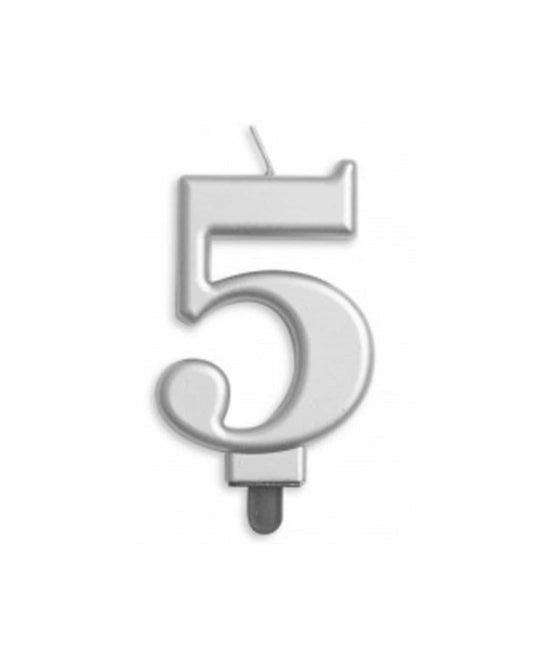 Silver numeral candle shaped like the number five, featuring a decorative swirl design.