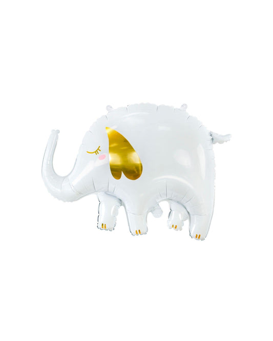 A shiny white elephant with a golden ear and playful expression, perfect for celebrations and whimsical decor.