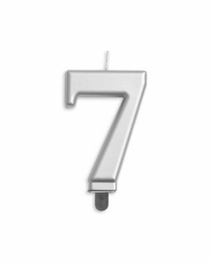 Shiny silver numeral seven with a hanging loop, featuring a modern, sleek design.