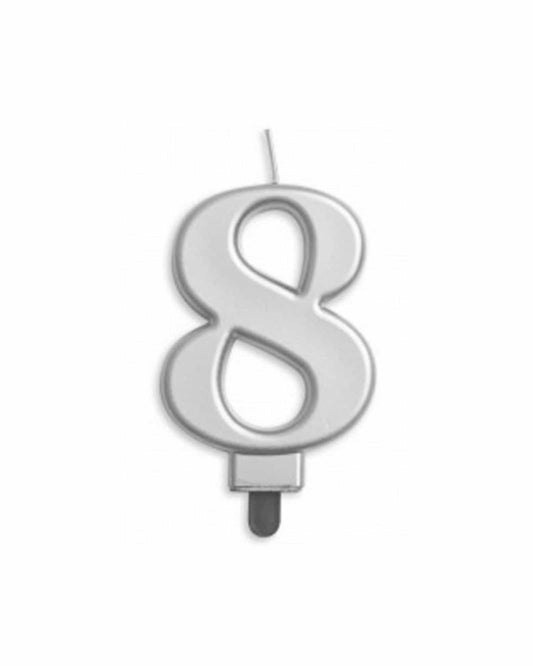 A shiny silver numeral eight with a wick, perfect for celebrations and marking special milestones.