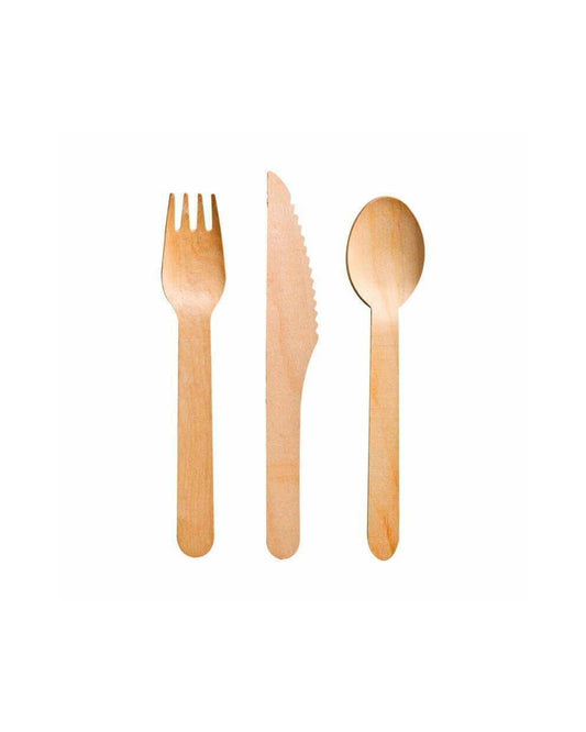 Three wooden utensils: a fork, a knife with serrated edge, and a spoon, arranged neatly on a white background.