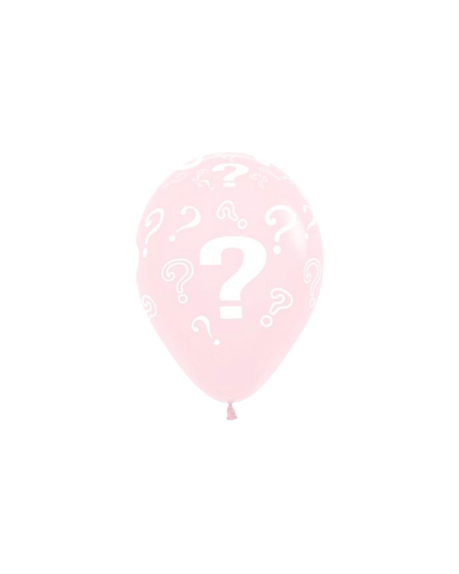 A pale pink balloon adorned with white question marks, creating a playful and whimsical atmosphere.