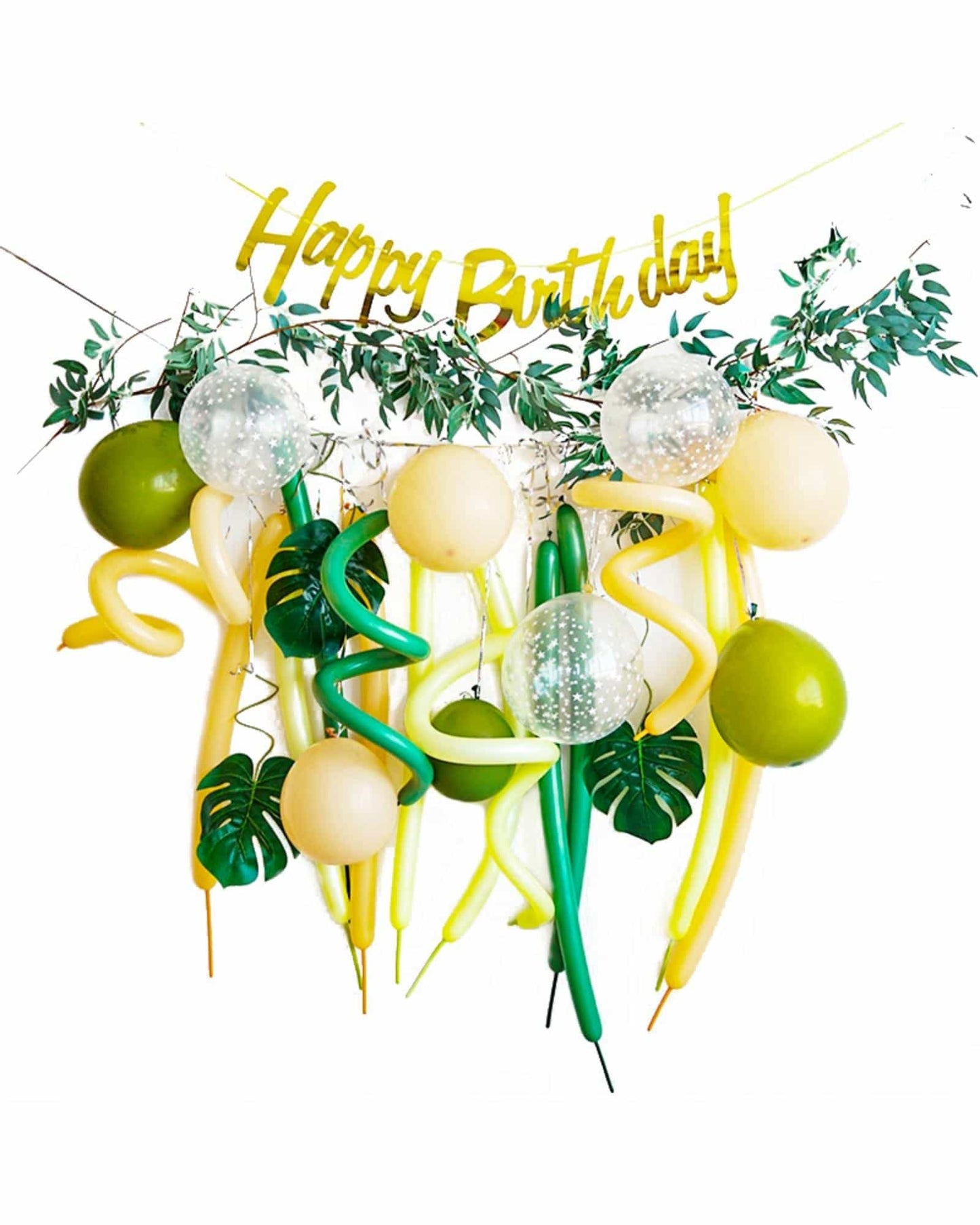 Colorful balloons and greenery with a "Happy Birthday" banner create a festive celebration atmosphere.