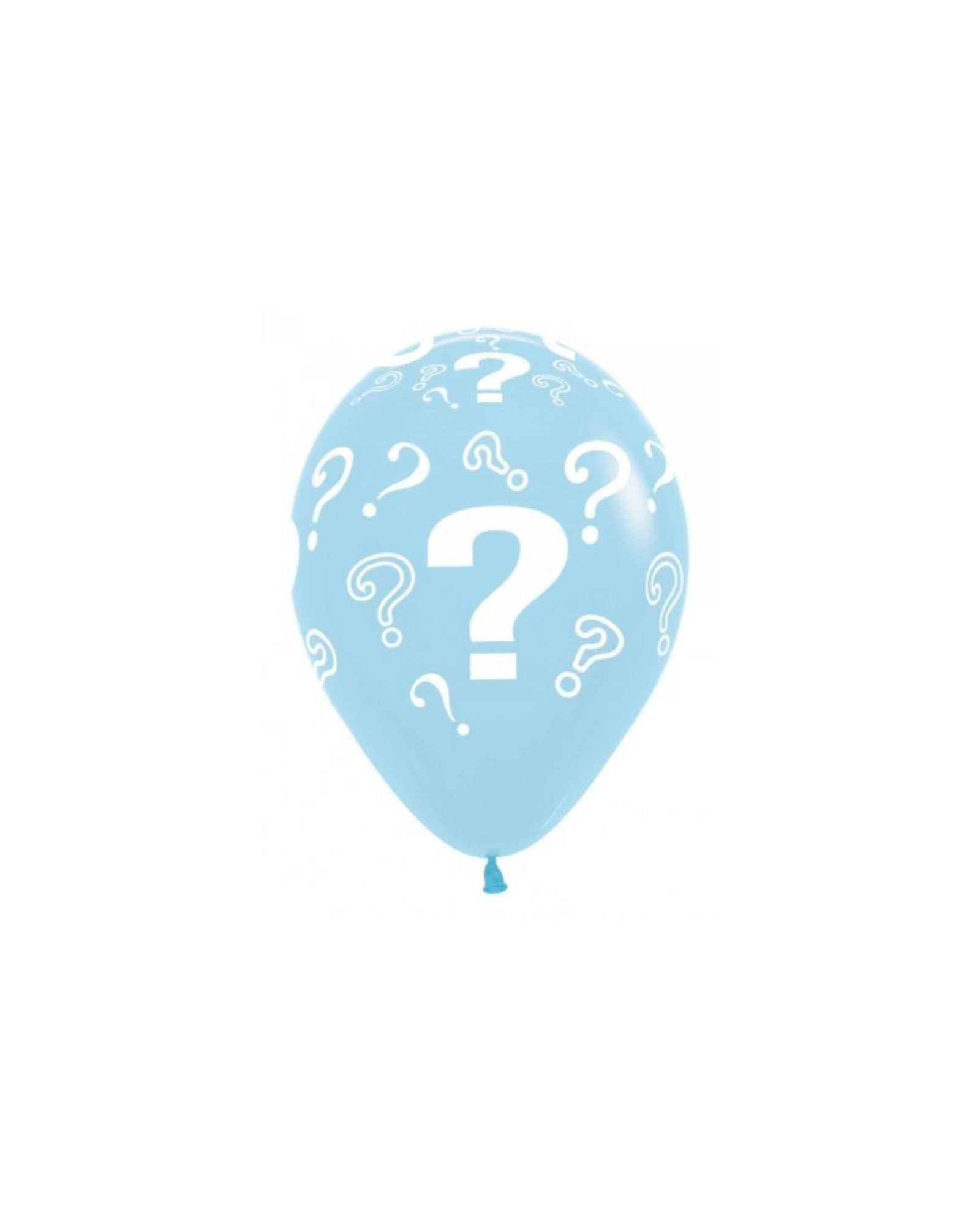 Light blue balloon adorned with white question marks, floating against a plain background.