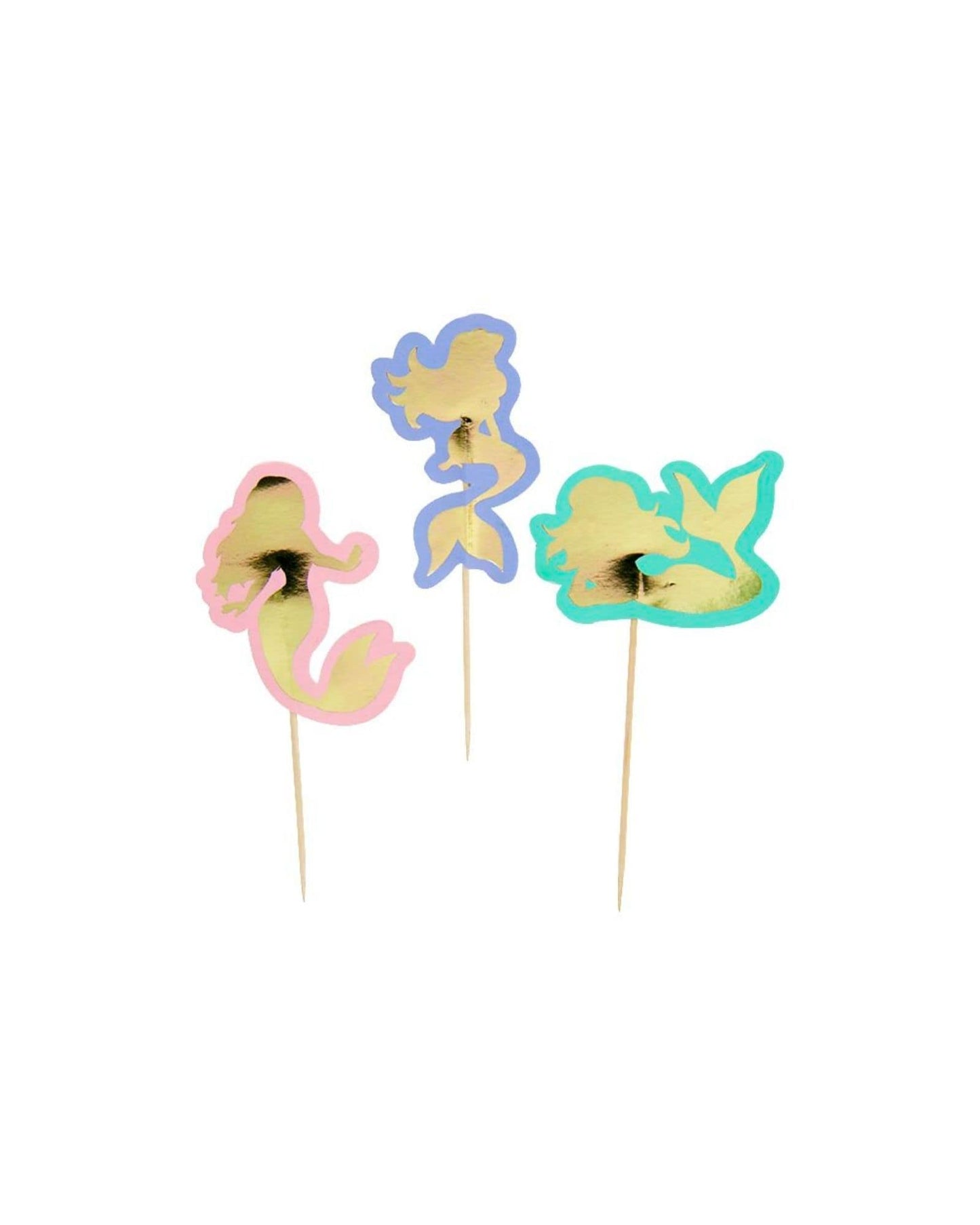 Three colorful mermaid-shaped picks in pink, blue, and green with gold accents on wooden sticks.