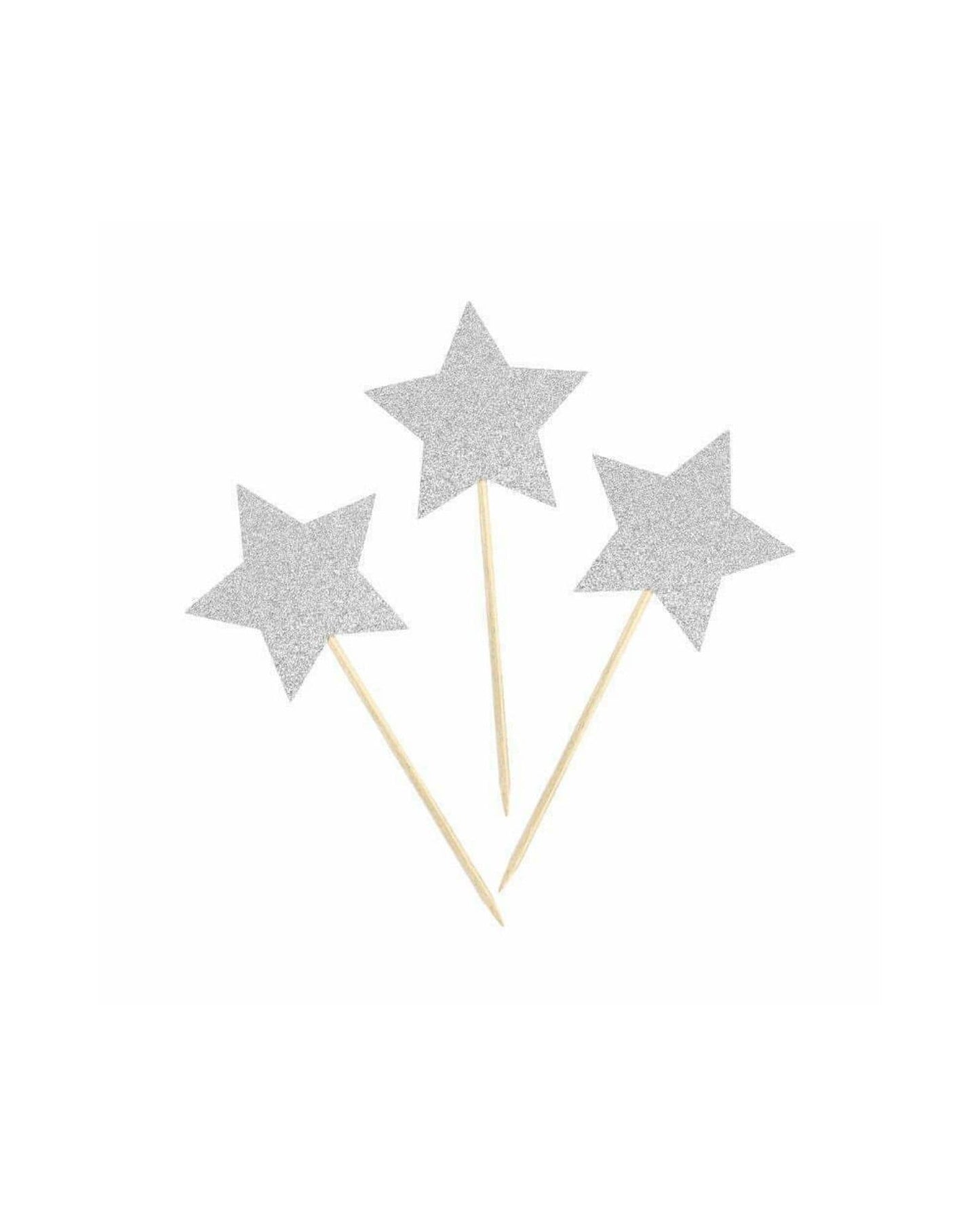 Three glittery silver star toppers on wooden sticks against a plain background, perfect for festive decorations.