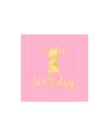 A pink background featuring "1st birthday" in elegant gold lettering, perfect for celebrating a child's first birthday.