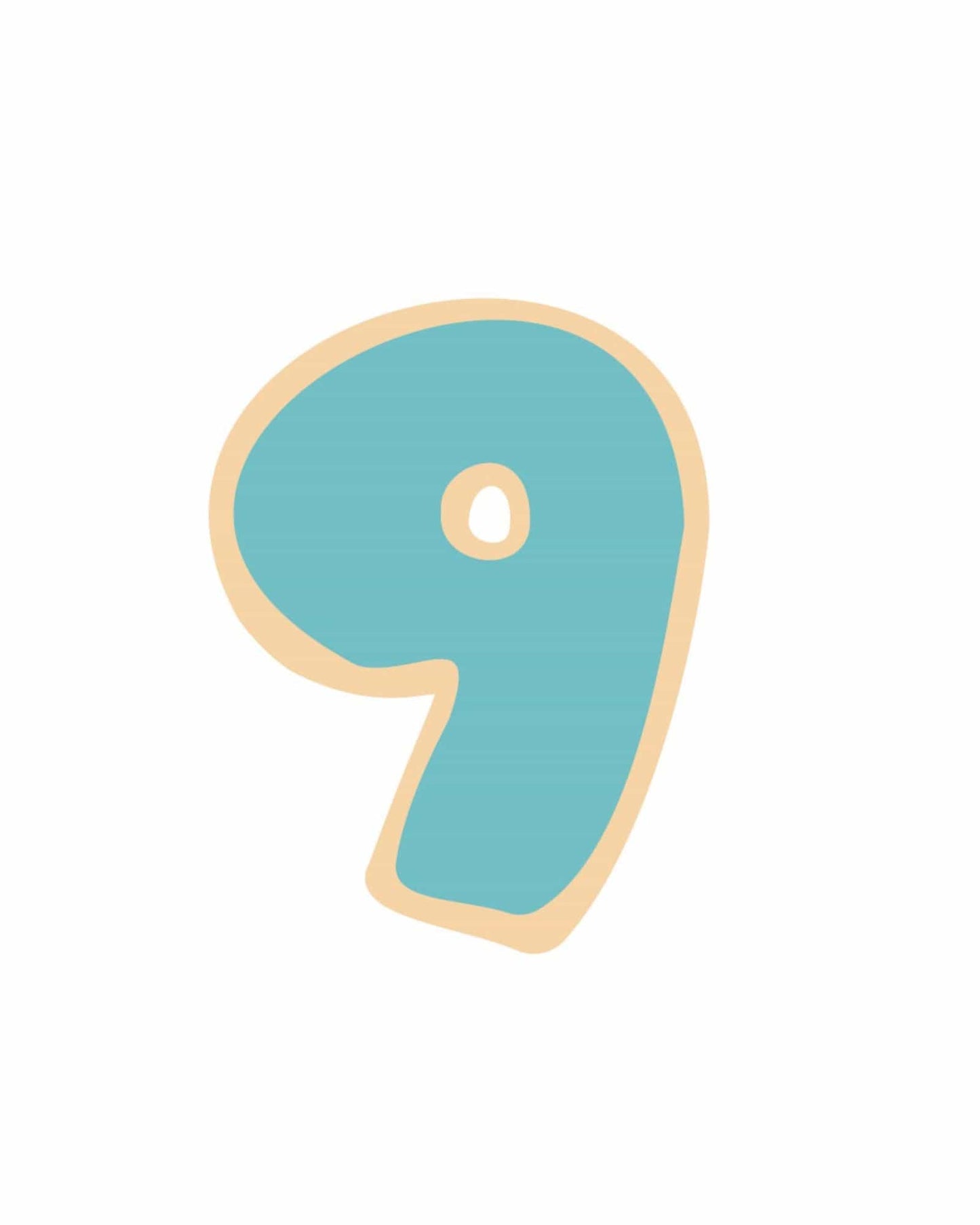 A playful, stylized number nine in teal with a cream outline on a clean white background.