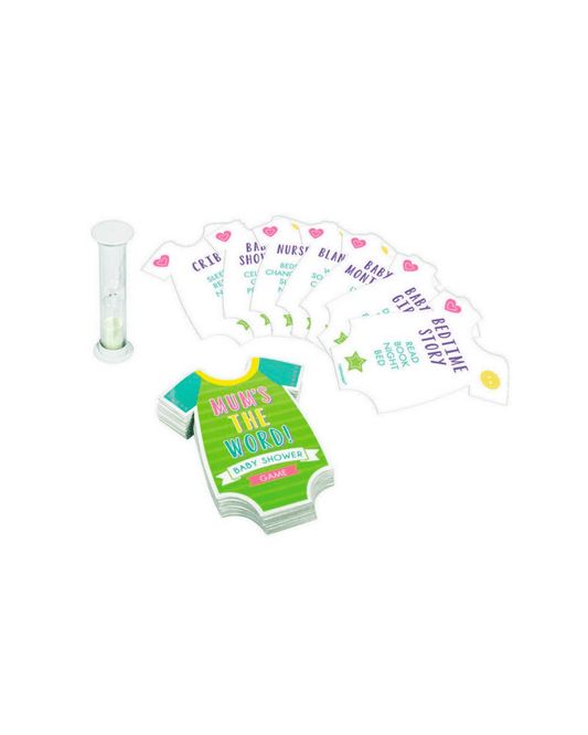 Colorful cards with baby-themed phrases and a timer, set for a fun baby shower game.