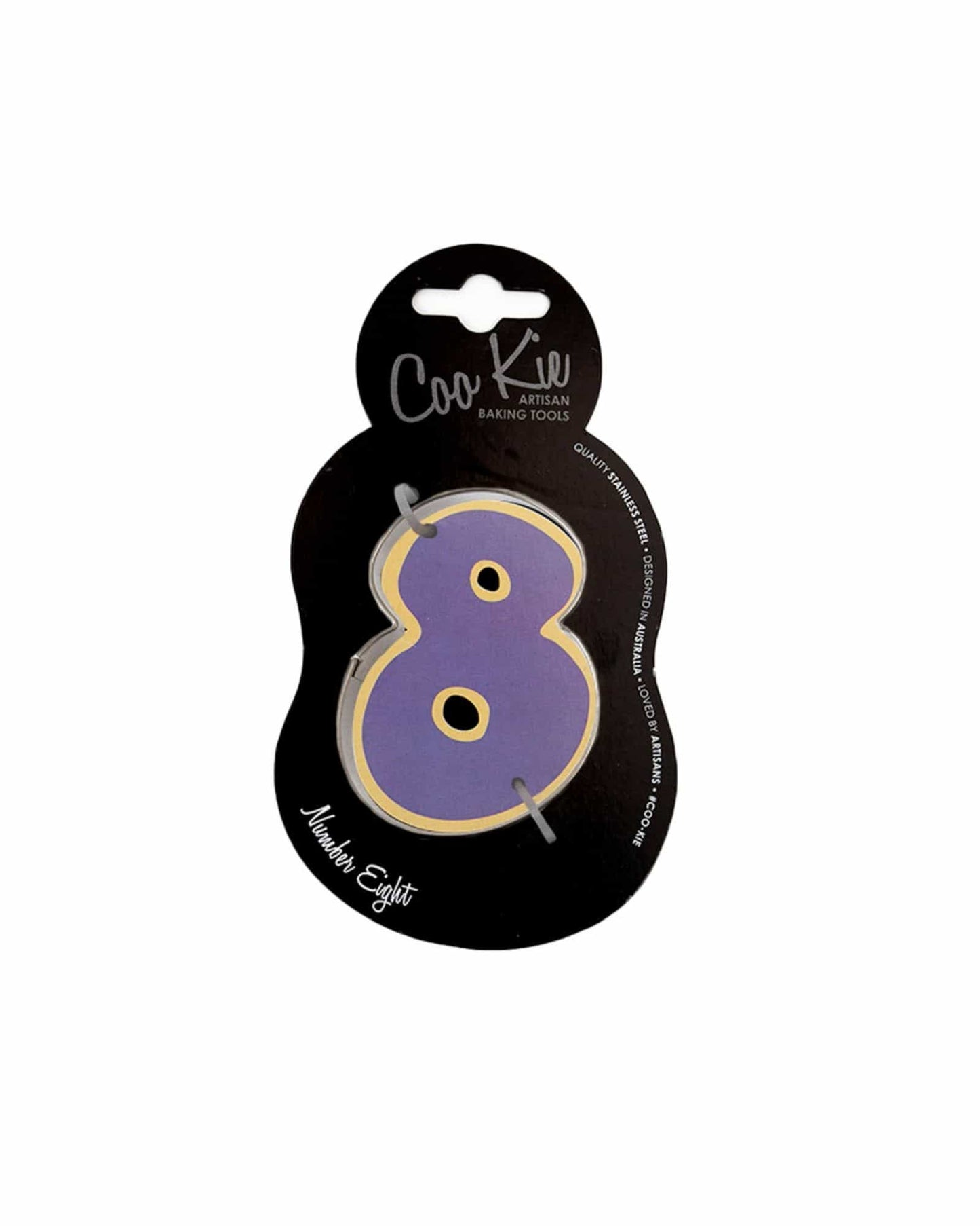 Purple number eight with yellow outline, mounted on a black backing, featuring a hanging hole for display.