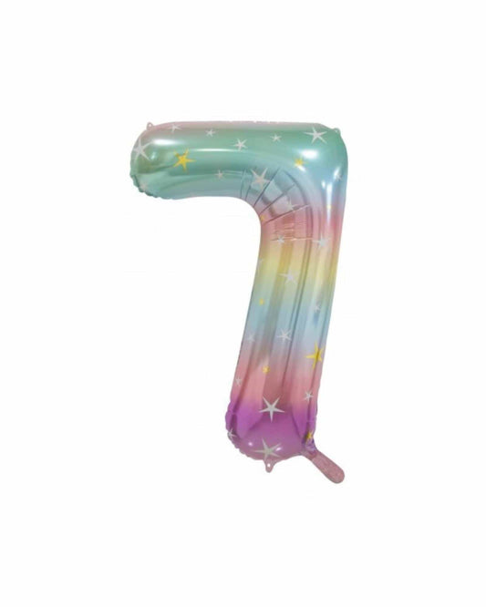 A shiny, gradient number seven balloon in pastel colors with star accents against a white background.