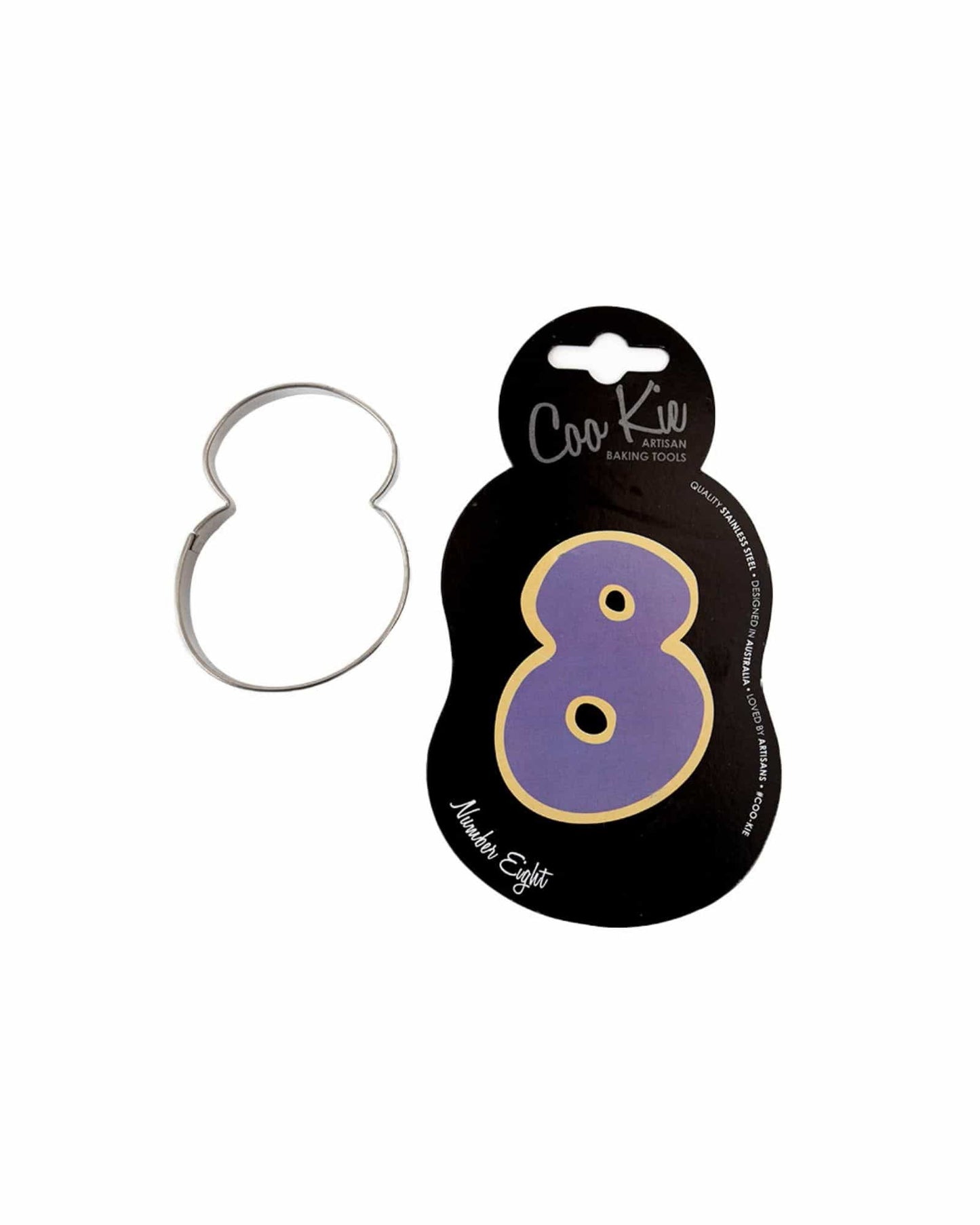 Metallic number eight cutter with a colorful backing card displaying bold graphics and vibrant colors.