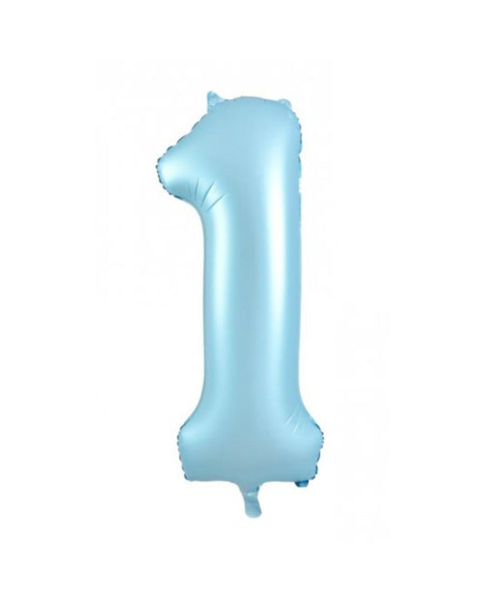 Shiny, light blue number "1" balloon with a smooth surface and rounded edges, perfect for celebrations.