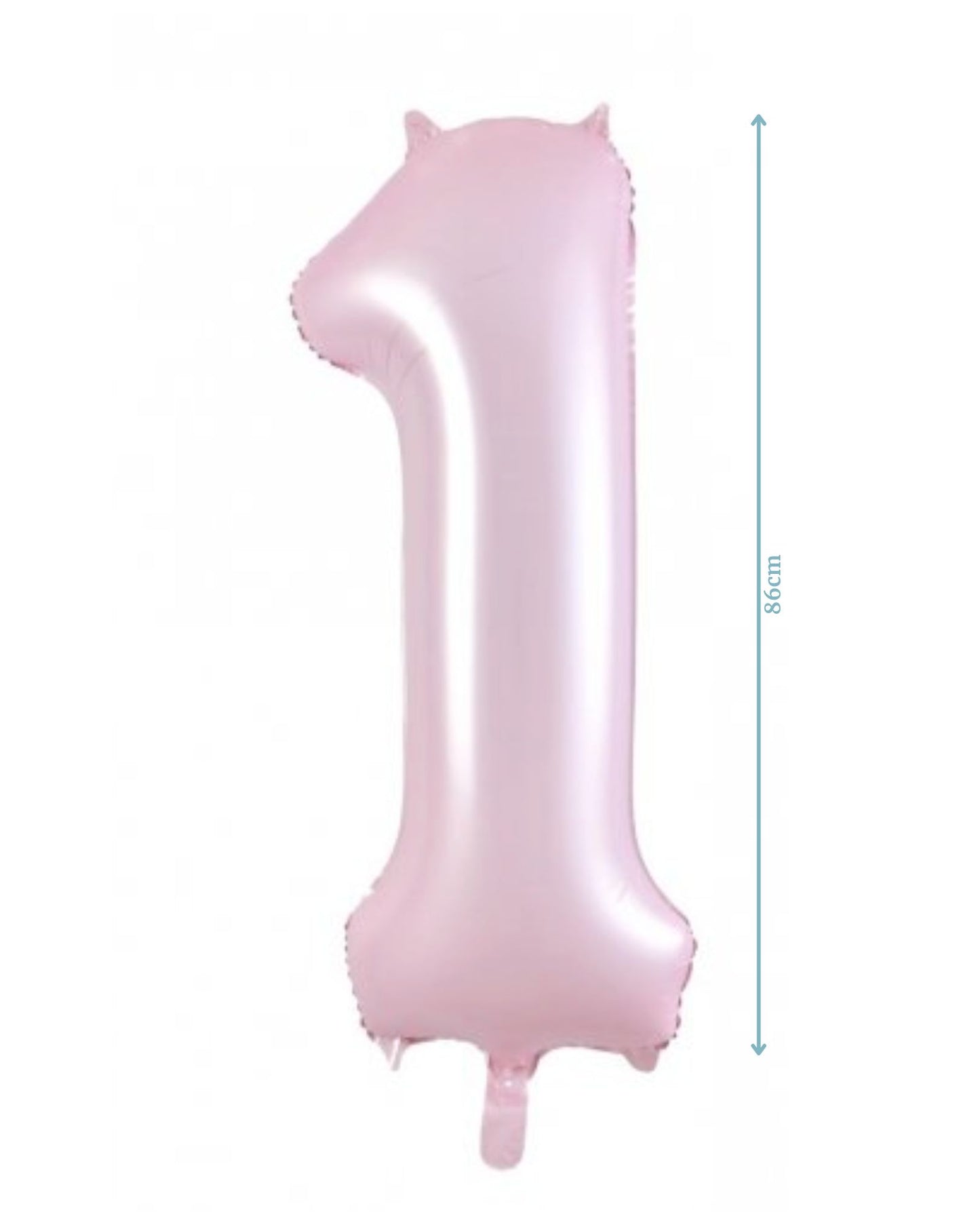 A shiny pink balloon shaped like the number one, featuring playful ears at the top, measuring 86 cm tall.