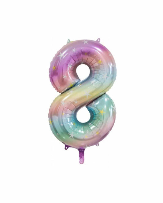 A large, shimmering number 8 balloon in pastel colors with star accents and a glossy finish.