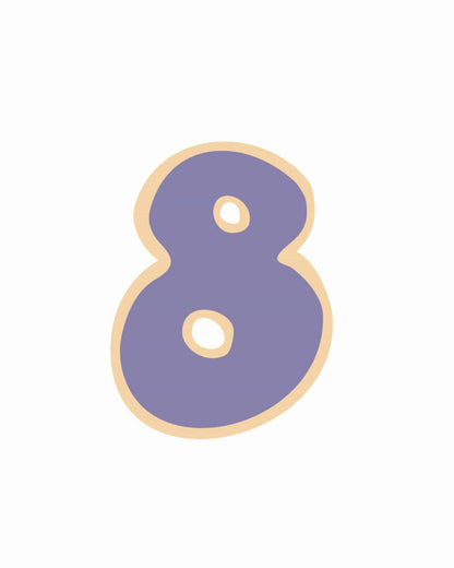 A large, playful number eight in soft purple with a light beige outline on a clean white background.