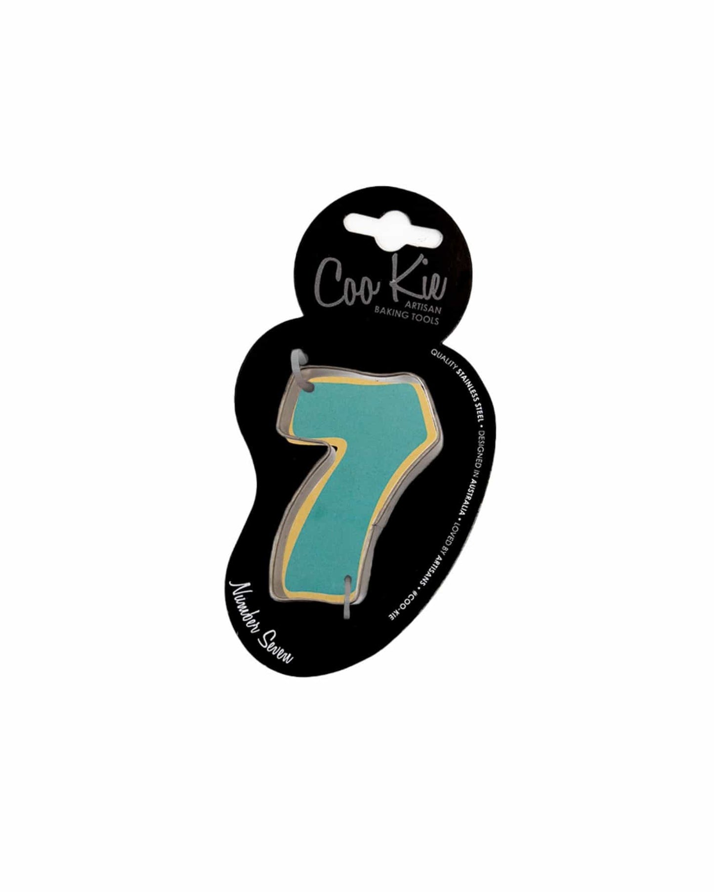 A teal number seven with a gold outline on a black background, showcasing a playful and vibrant design.