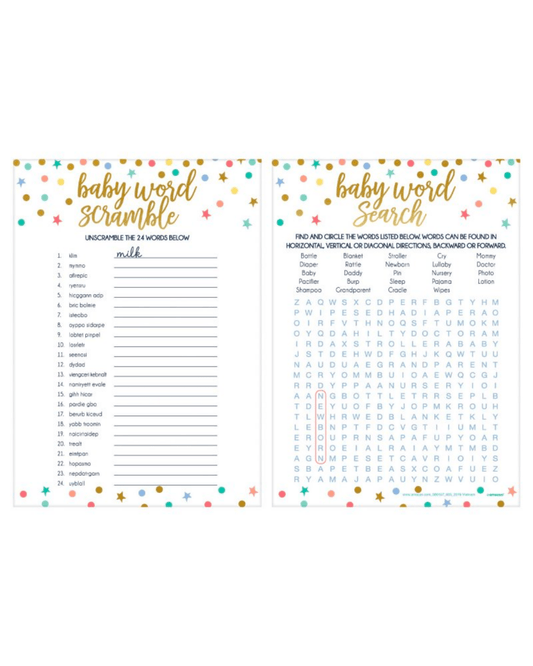 Colorful baby-themed word scramble and search activity sheets with playful star accents and gold lettering.