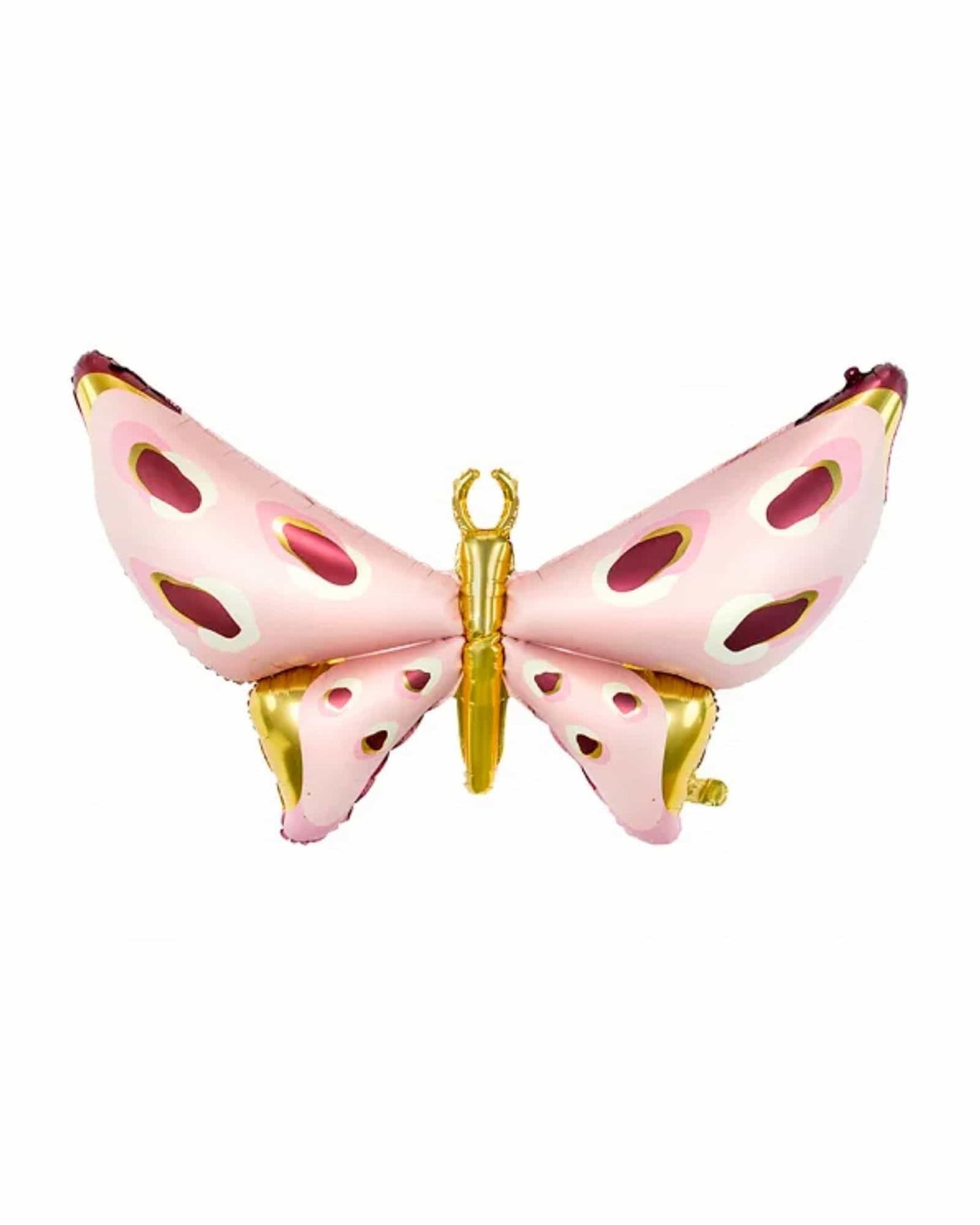 A large pink butterfly with golden accents and colorful cutouts, set against a white background.